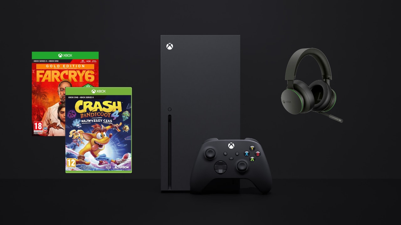 Xbox Series X + Microsoft Xbox Series Stereo Headset (przewodowy) + Far Cry 6 Gold Edition + Crash Bandicoot 4: Najwyższy czas