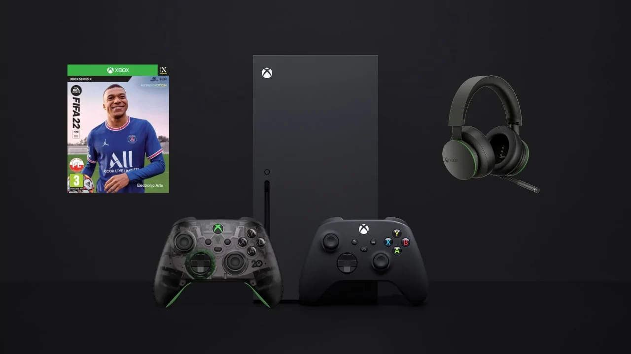 Xbox Series X + słuchawki Xbox Series Stereo Headset (przewodowe) + dodatkowy kontroler 20th Anniversary Edition + FIFA 22