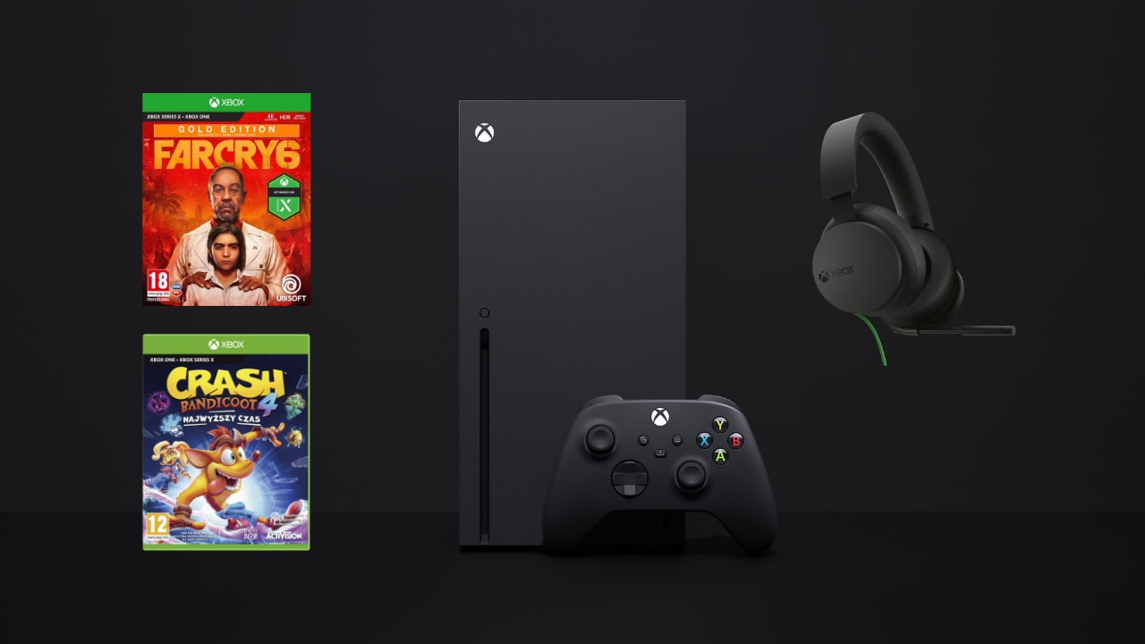 Xbox Series X + Microsoft Xbox Series Stereo Headset (przewodowe) + Far Cry 6 Złota Edycja + Crash Bandicoot 4: Najwyższy Czas