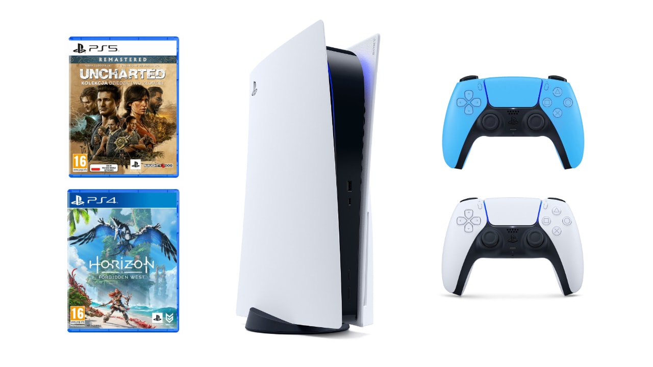 PlayStation 5 + Uncharted Kolekcja Dziedzictwo Złodziei + Horizon Forbidden West + dodatkowy pad (niebieski)