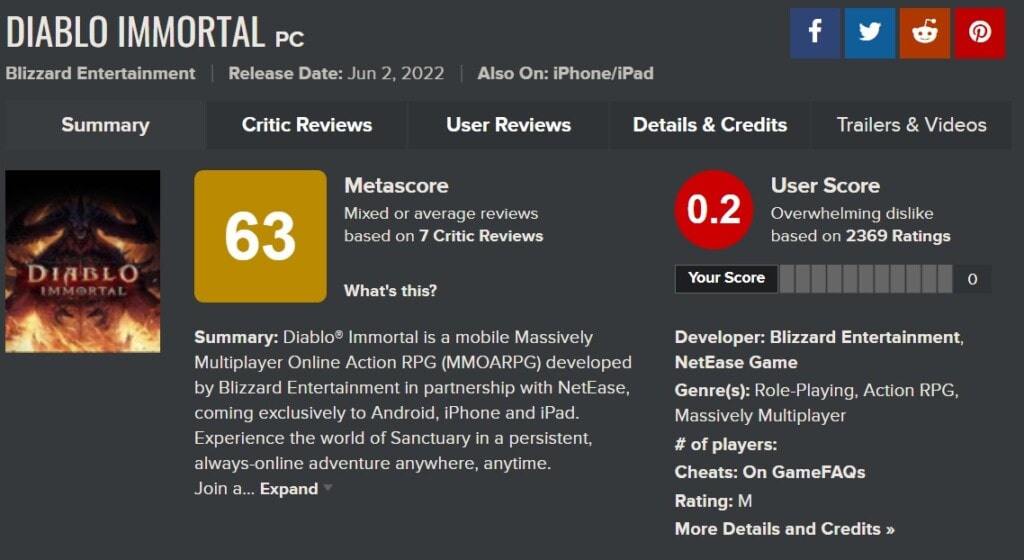 Diablo Immortal Metacritic