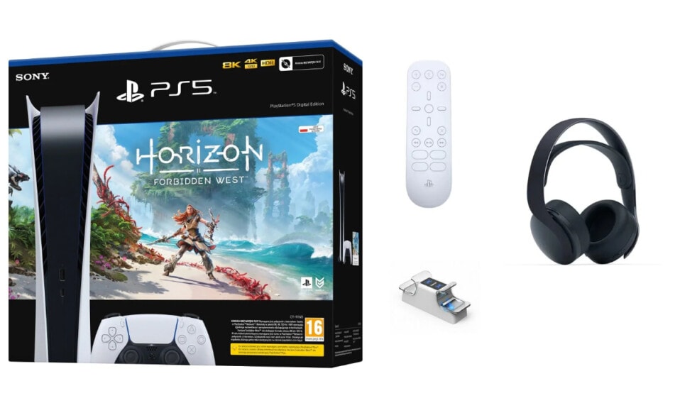 PS5 Digital Edition + Pulse 3D + PS5 Media Remote + Horizon Forbidden West + HAMA 54448 D