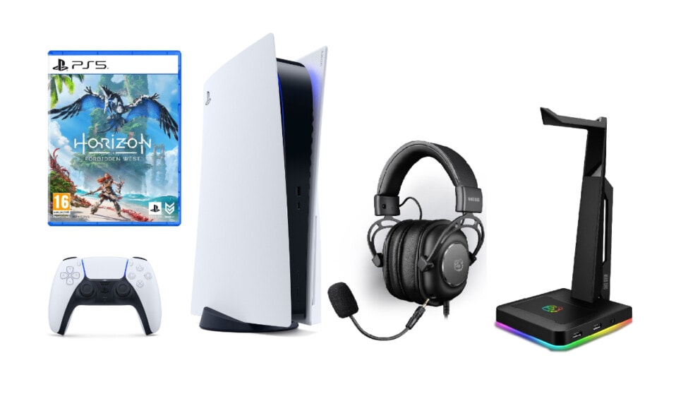 PlayStation 5 + Horizon: Forbidden West + słuchawki MAD DOG GH900 + stojak na słuchawki