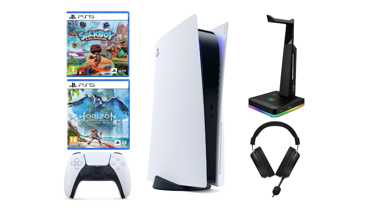 PlayStation 5 + Horizon- Forbidden West + Sackboy A Big Adventure + Stojak na słuchawki + Słuchawki Viro