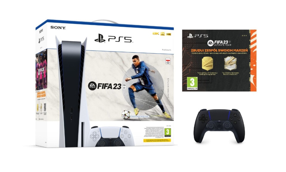 PlayStation 5 + dodatkowy kontroler + FIFA 23 + dodatek Ultimate Team