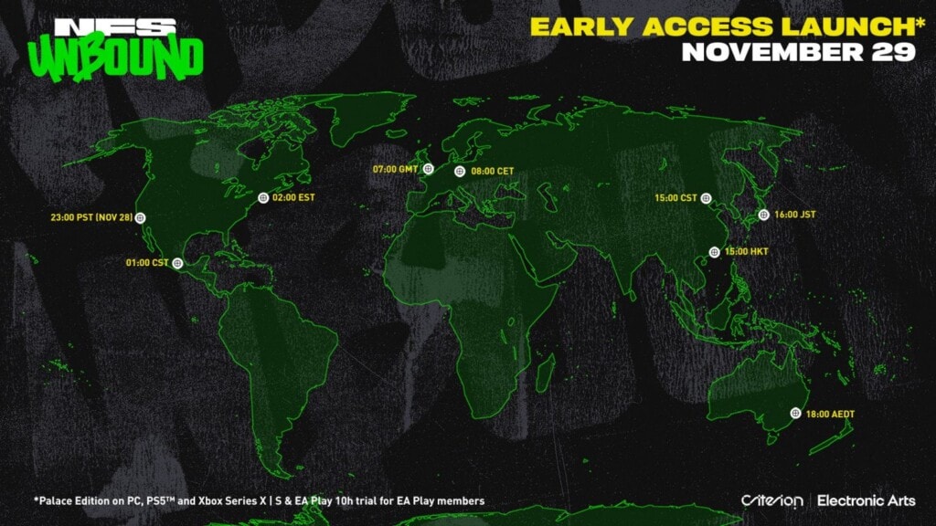 Need for Speed Unbound Palace Edition - mapa ukazująca datę premiery w różnych regionach