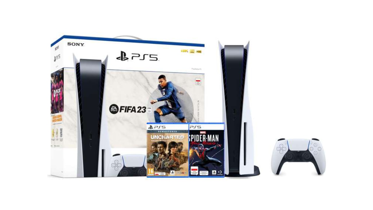 PlayStation 5 + FIFA 23 + Uncharted Kolekcja Dziedzictwo Złodziei + Marvel's Spider-Man Miles Morales