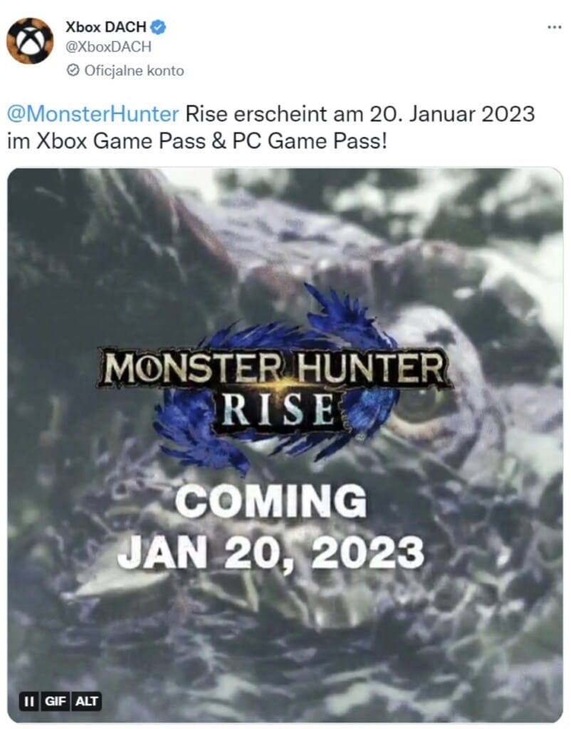 Monster Hunter Rise w Xbox Game Pass - zrzut ekranu z usuniętego tweeta