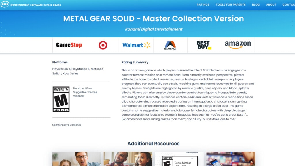 podstrona Metal Gear Solid Master Collection Vol 1 na stronie ESRB