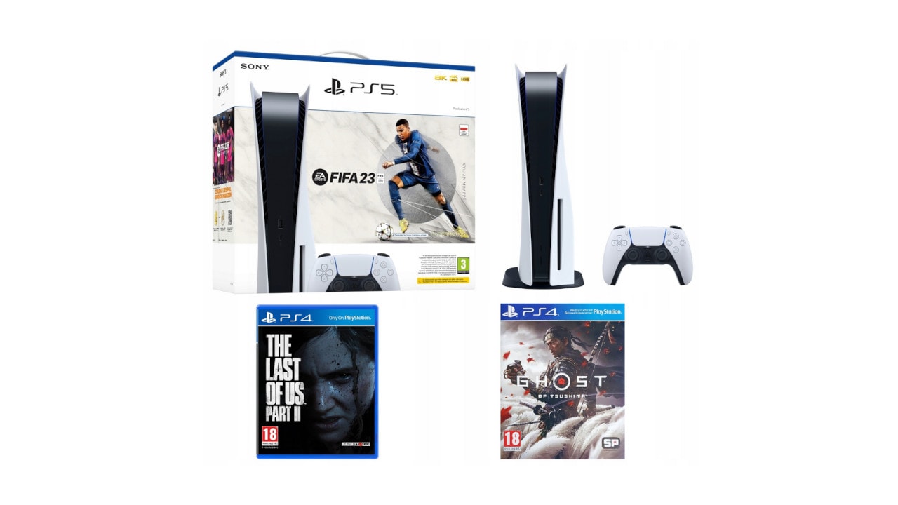 PS5 + 3 gry (FIFA 23, The Last of Us Part II i Ghost of Tsushima)