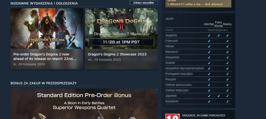 Dragon's Dogma 2 języki steam