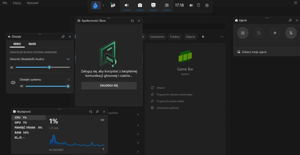 Windows Game Bar widok klasyczny