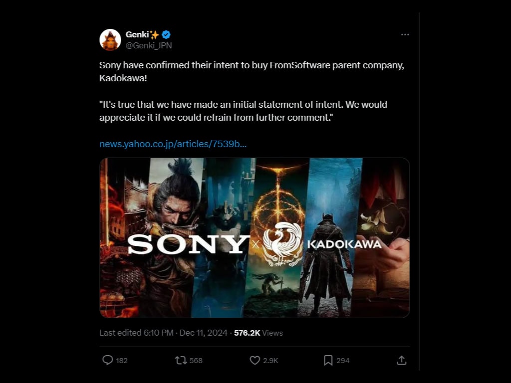 Wpis o przejęciu Kadokawy przez Sony