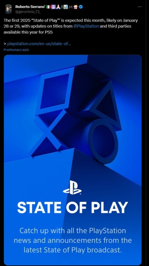 Wpis Roberto Serrano na temat PlayStation State of Play