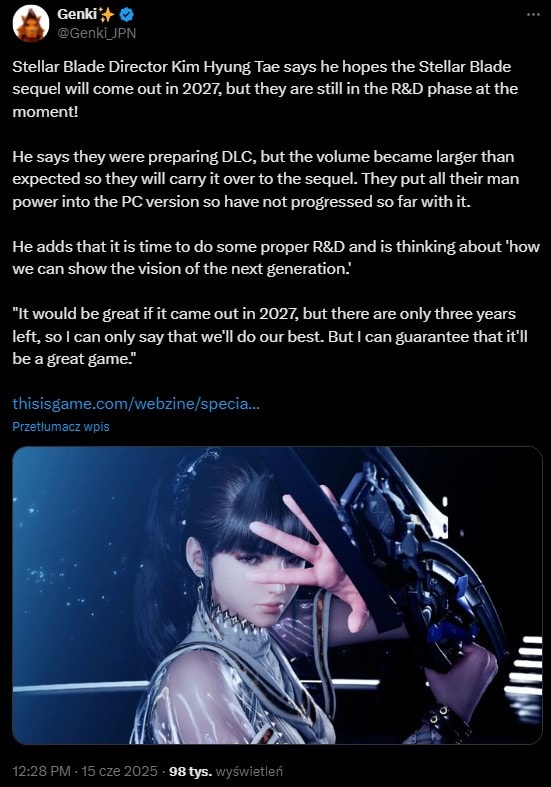 Stellar Blade 2 tweet