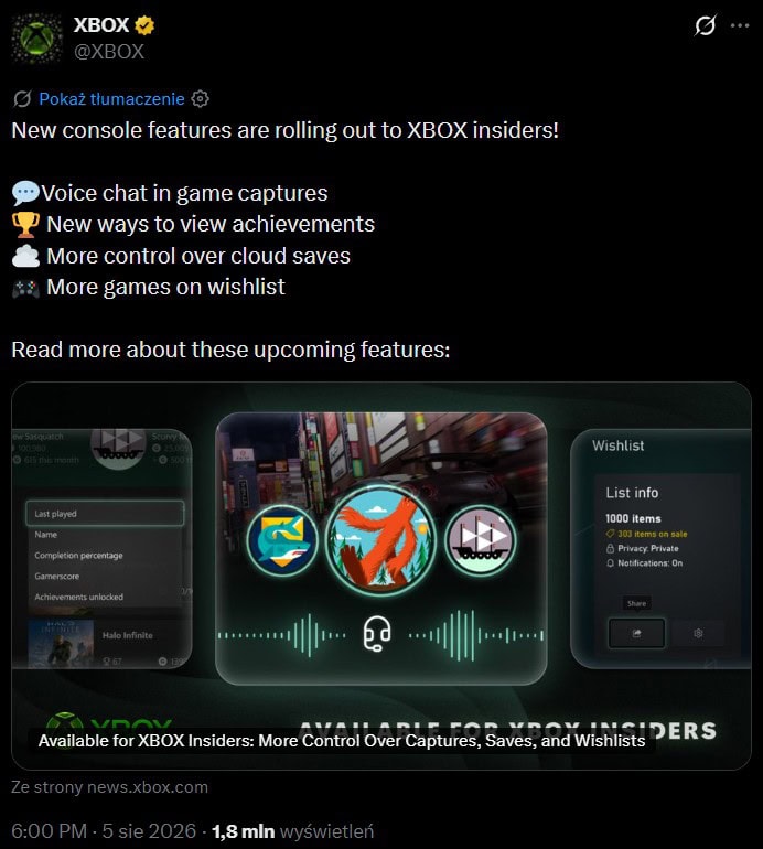 Nowe funkcje XBOX